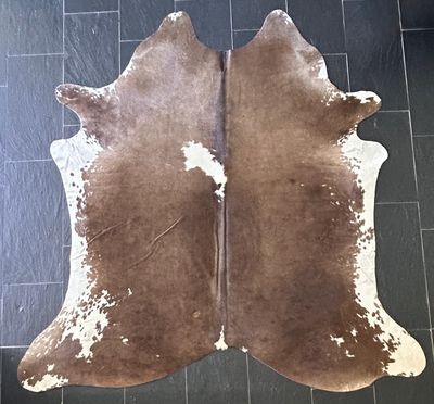 Kuhfell Walnut braungrau mit hellem Bauchfell und weissen Tupfen, Grösse S – Fell-Shop.ch Zürich