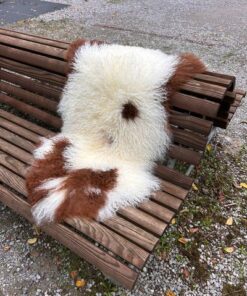 Tibetisches Lammfell Dreifärber, vanilleweiss mit schwarzbraunen und rotbraunen Zeichnungen, Grösse L – Fell-Shop.ch Zürich