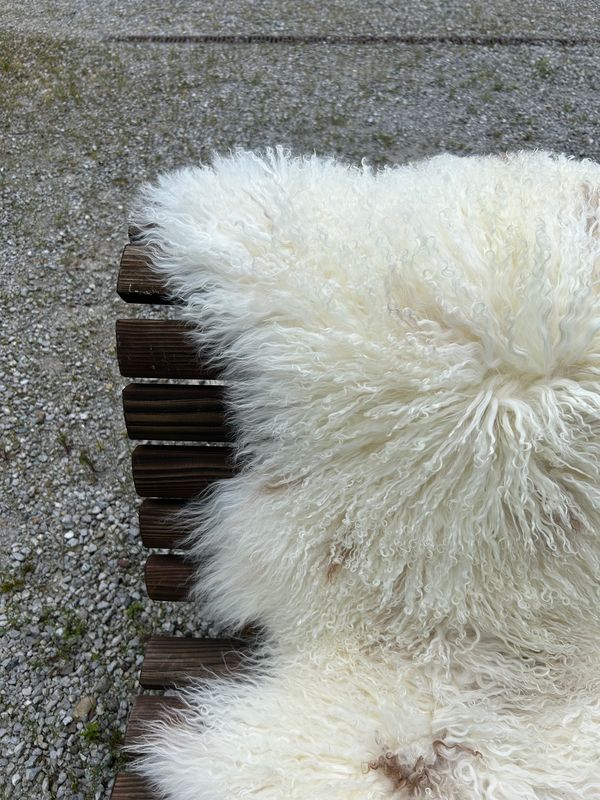 Tibetisches Lammfell Naturbunt mit sanften hellbraunen Zeichnungen am Nacken
