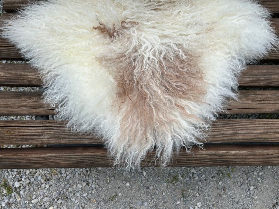 Tibetisches Lammfell Naturbunt mit sanften hellbraunen Zeichnungen am Nacken