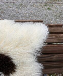 Tibetisches Lammfell Dreifärber, vanilleweiss mit rotbraunen und fast schwarzen Tupfern, Grösse L – Fell-Shop.ch Zürich